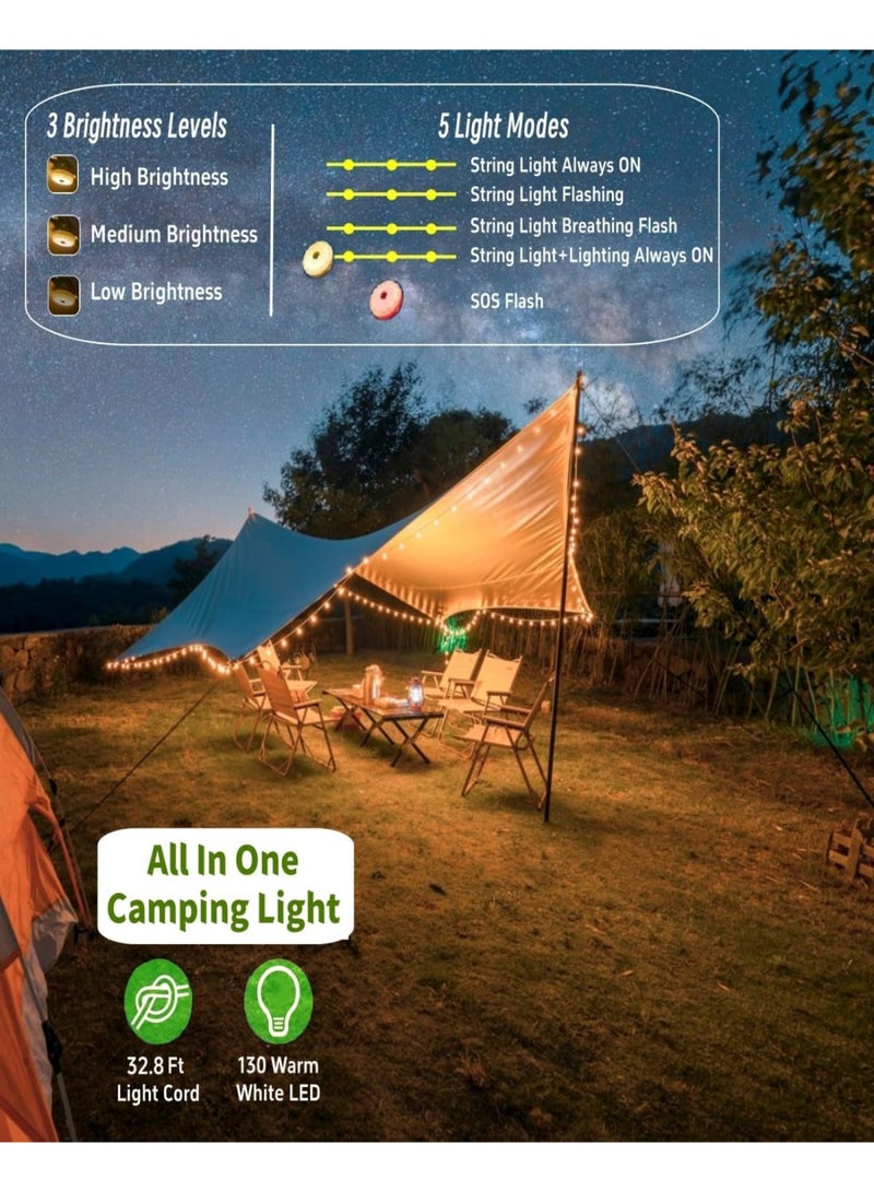 عالية الجودة سلسلة أضواء تخييم تعمل بالطاقة الشمسية، 4 في 1 سلسلة أضواء خيالية، مصباح تخييم محمول مقاوم للماء مع 8 أوضاع إضاءة، فانوس خيمة معلق قابل لإعادة الشحن لديكورات عيد الميلاد ومستلزمات حفلات الفناء - 32.8 قدم - Image 5