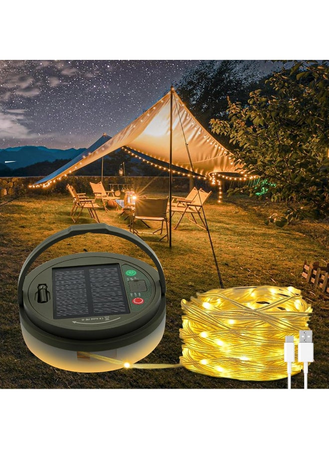 عالية الجودة سلسلة أضواء تخييم تعمل بالطاقة الشمسية، 4 في 1 سلسلة أضواء خيالية، مصباح تخييم محمول مقاوم للماء مع 8 أوضاع إضاءة، فانوس خيمة معلق قابل لإعادة الشحن لديكورات عيد الميلاد ومستلزمات حفلات الفناء - 32.8 قدم - Image 1