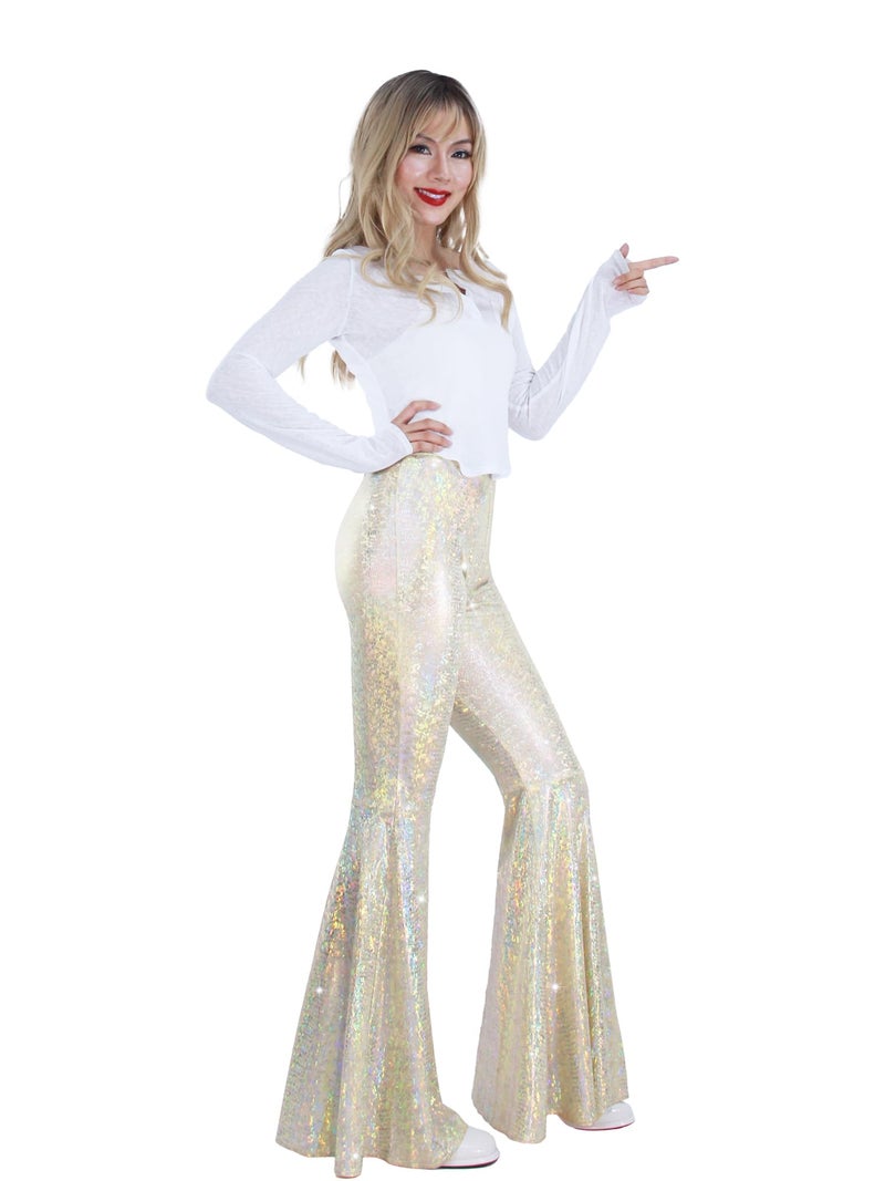 Nawgut Womens Sequin Flare Pant Sparkly High Waisted Leg Bell Bottom Glitter Trousers Night Out Clubwear-Medium White - Image 4