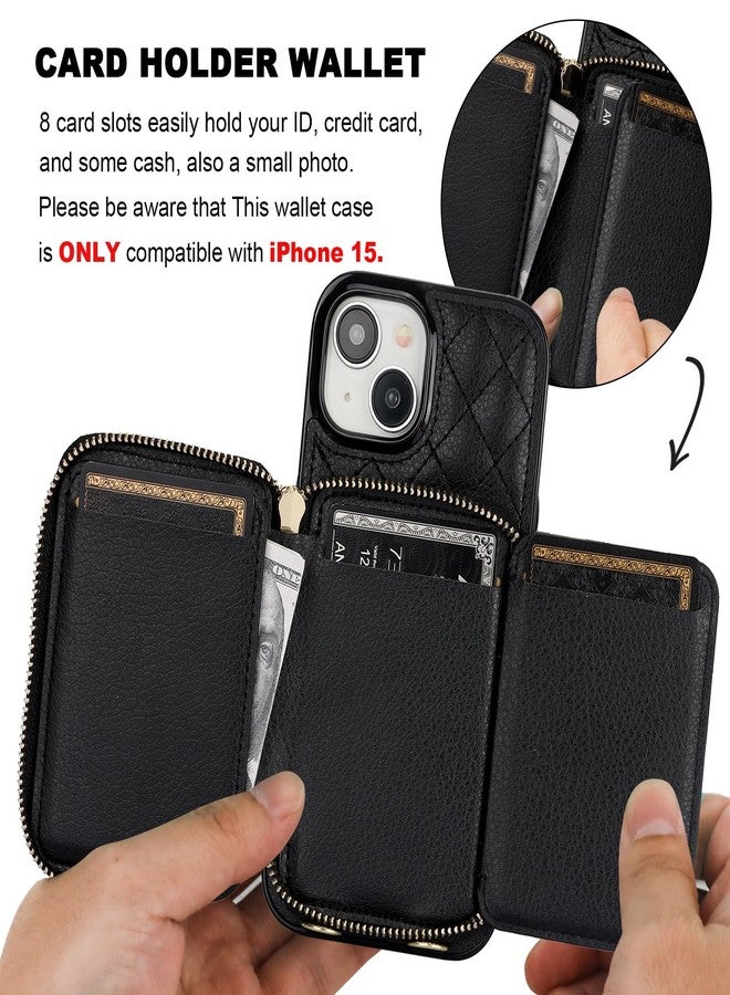 Bocasal Crossbody Wallet Case for iPhone 15, RFID Blocking PU Leather Zipper Handbag Purse Flip Cover, Kickstand Folio Case with Card Slots Holder Wrist Strap Lanyard 5G 6.1 Inch (Black) - Image 4