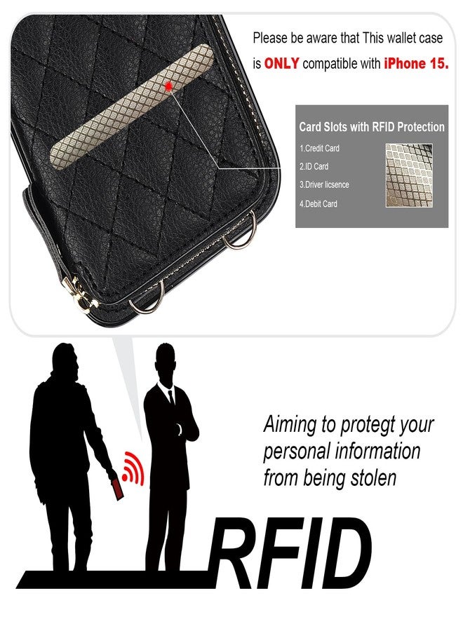 Bocasal Crossbody Wallet Case for iPhone 15, RFID Blocking PU Leather Zipper Handbag Purse Flip Cover, Kickstand Folio Case with Card Slots Holder Wrist Strap Lanyard 5G 6.1 Inch (Black) - Image 3