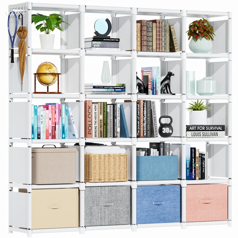 Mavivegue Book Shelf 20 Cube Storage Organizer DIY Bookcase Metal Cube Bookshelf Tall Book case for Bedroom Living Room Office Closet Storage Organizer Black Cubicle Storage RackWhite