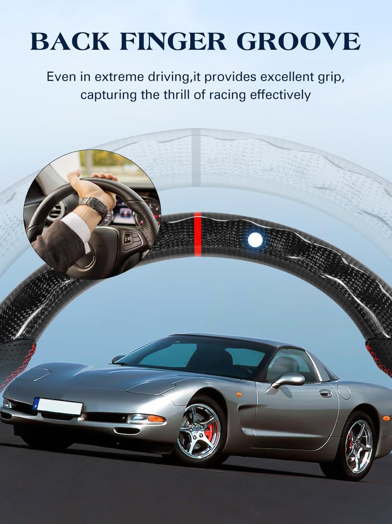 TESFEEL Carbon Fiber Steering Wheel for Chevy Corvette C5 1997-2004 D-shaped Flat-bottom Steering Wheel Preforated Leather Grip Hand-Stitched Compatible with C5 Z06 - Image 3