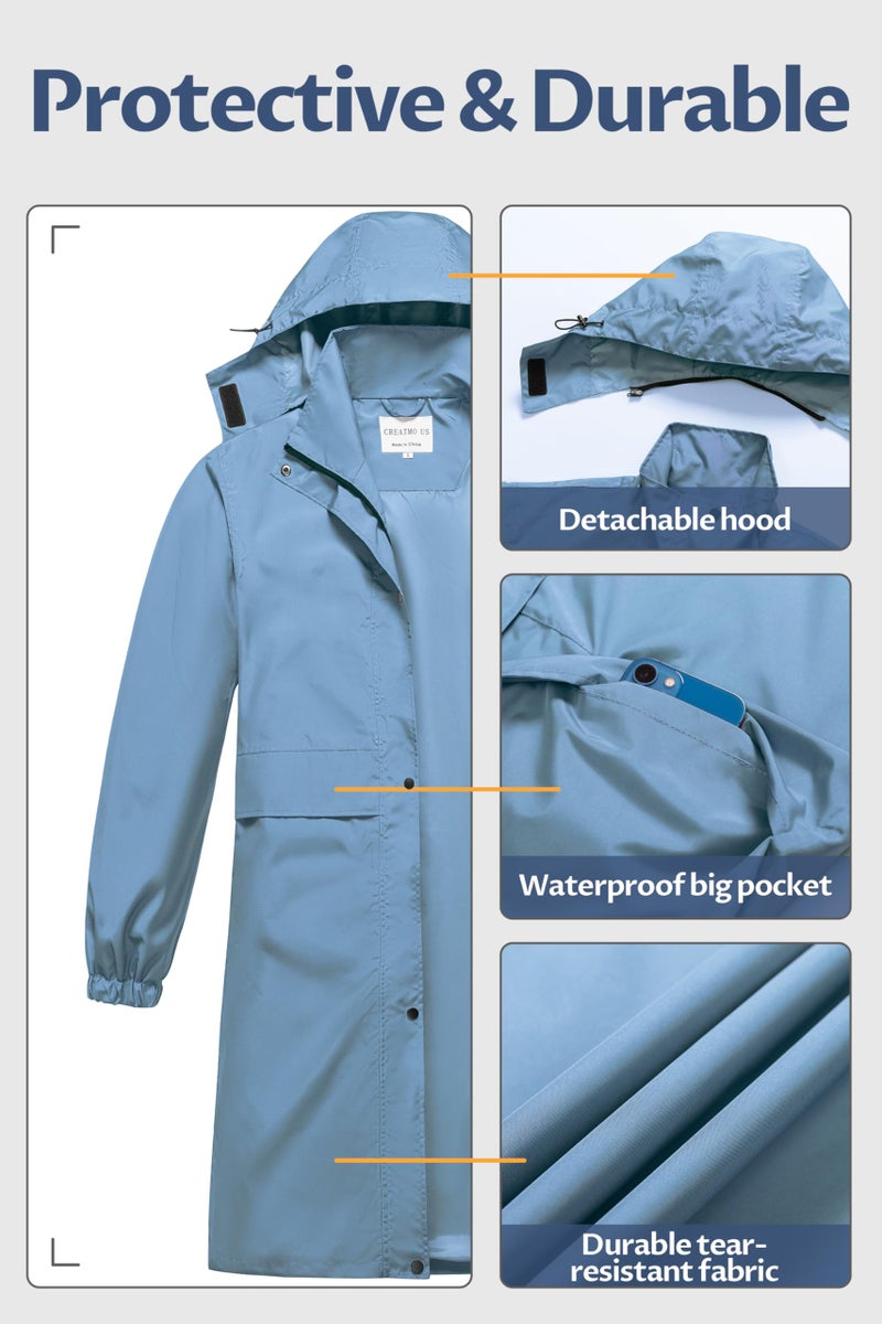 CREATMO US Womens Rain Coats Waterproof With Hood Jacket Women Women's Coat Long Packable Lightweight Cycling Raincoat Windbreaker Acid Blue XL - Image 3