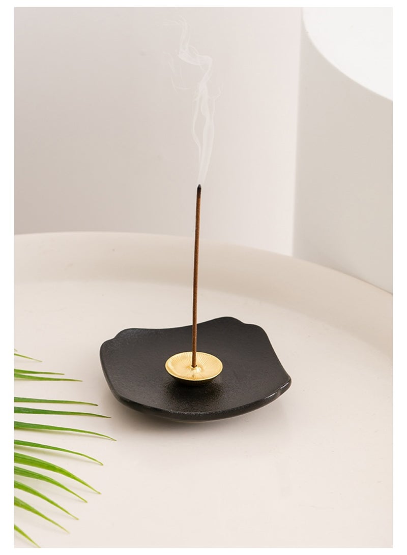Black Ceramic Incense Holder with Brass Decorative Disk  Single Hole Design for Standard Sticks  8.5cm Square Base - Image 1