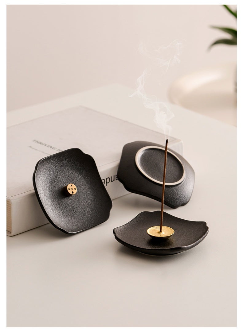 Black Ceramic Incense Holder with Brass Decorative Disk  Single Hole Design for Standard Sticks  8.5cm Square Base - Image 2