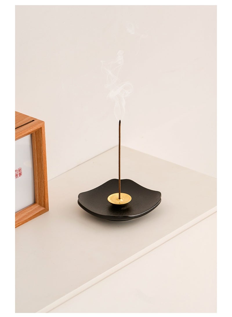 Black Ceramic Incense Holder with Brass Decorative Disk  Single Hole Design for Standard Sticks  8.5cm Square Base - Image 4