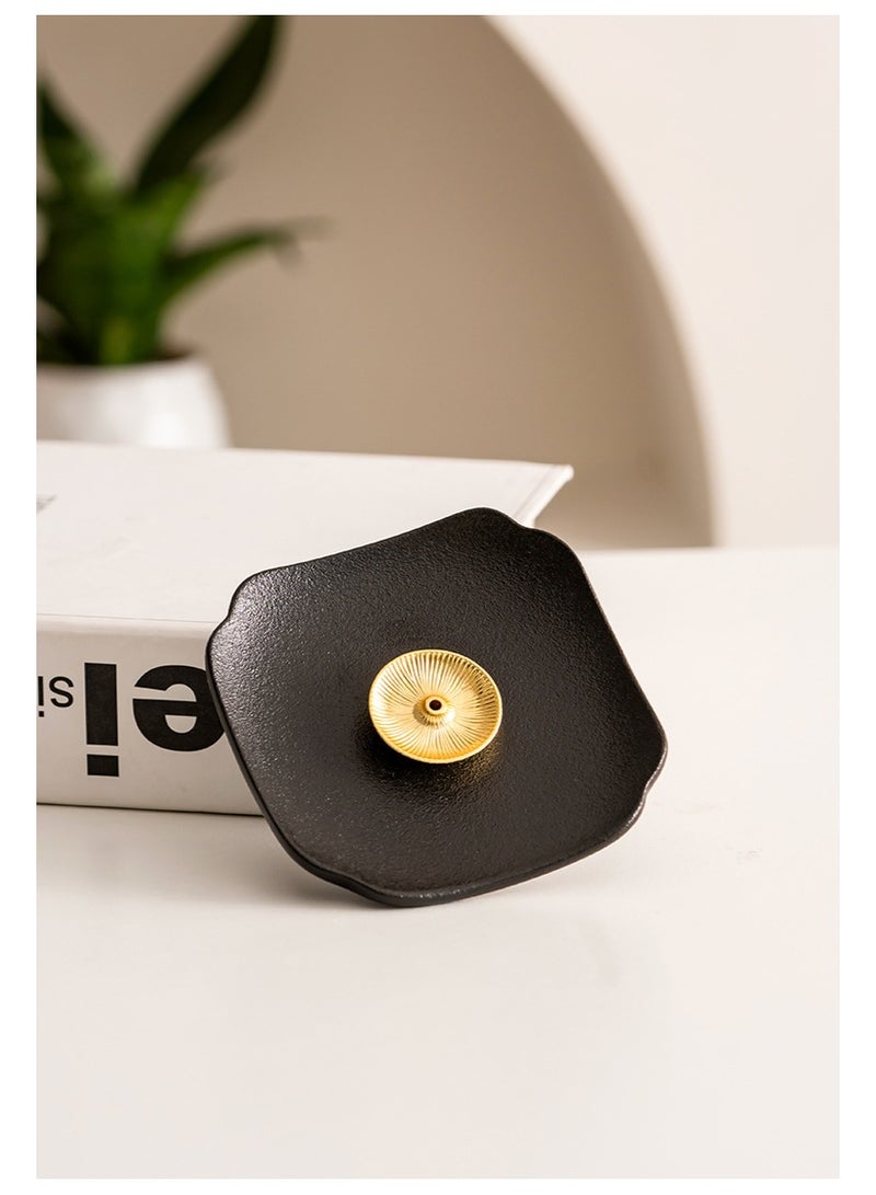 Black Ceramic Incense Holder with Brass Decorative Disk  Single Hole Design for Standard Sticks  8.5cm Square Base - Image 3