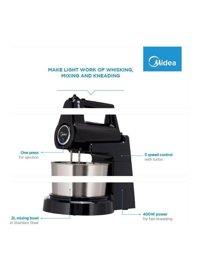 Midea Stand Mixer Hand Mixer (Electric Whisk) with 2L Stainless Steel Rotary Bowl, 5 Speeds + Turbo Button, Twin Stainless Steel Kneader & Beater for Mixing, Whipping, Whisking, Kneading 400 W HM0293A Black - Image 5