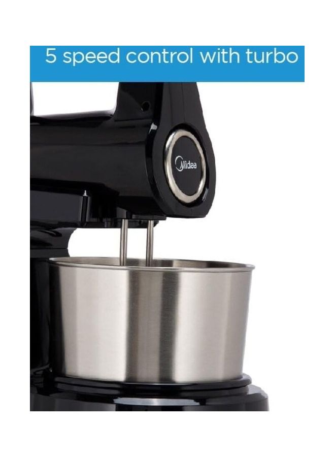 Midea Stand Mixer Hand Mixer (Electric Whisk) with 2L Stainless Steel Rotary Bowl, 5 Speeds + Turbo Button, Twin Stainless Steel Kneader & Beater for Mixing, Whipping, Whisking, Kneading 400 W HM0293A Black - Image 4