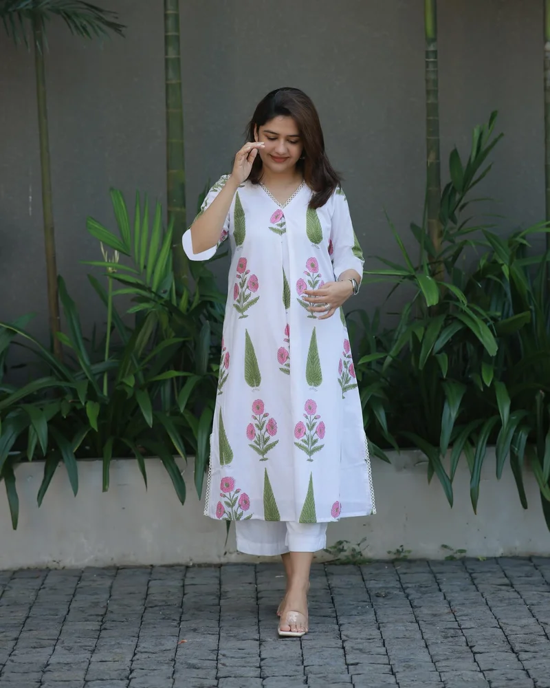 GoSriKi تونيك نسائي من الرايون والفيسكوز بتصميم - مطبوع مع بنطلون أبيض