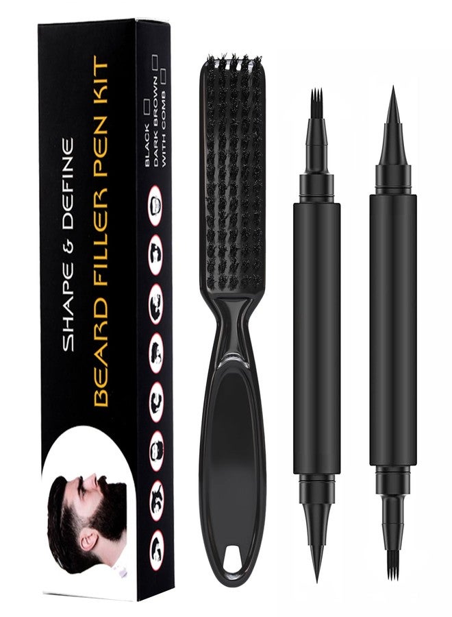 Vtrem Beard Pencil Filler for Men Black 3 Pack Dual Ended Applicator 4 Tip Micro Fork Pointed Tip Stubble Stick Pen With Brush Waterproof Beard Pen and Beard Brush Beard Comb - Image 1