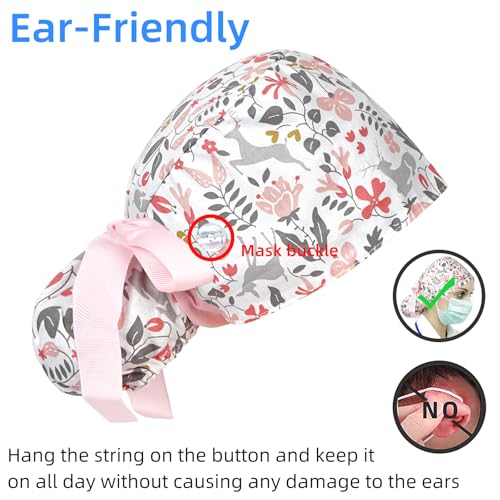 FADACHY Women's Scrub Cap with Buttons, Adjustable Ribbon Tie & Ponytail Port, Surgical Nursing Working Hat for Long Hair, Breathable & Comfortable for Medical Professionals - Image 3