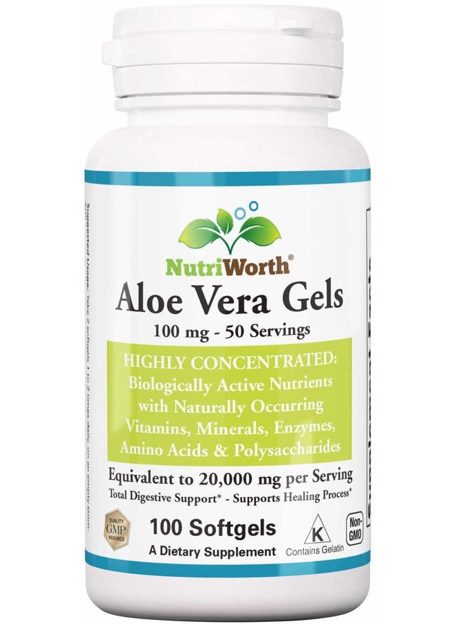 NutriWorth Aloe Vera Supplement (100 Softgels) 20,000mg Pure Gel Equivalency – Made with Organic Aloe Vera - Image 1