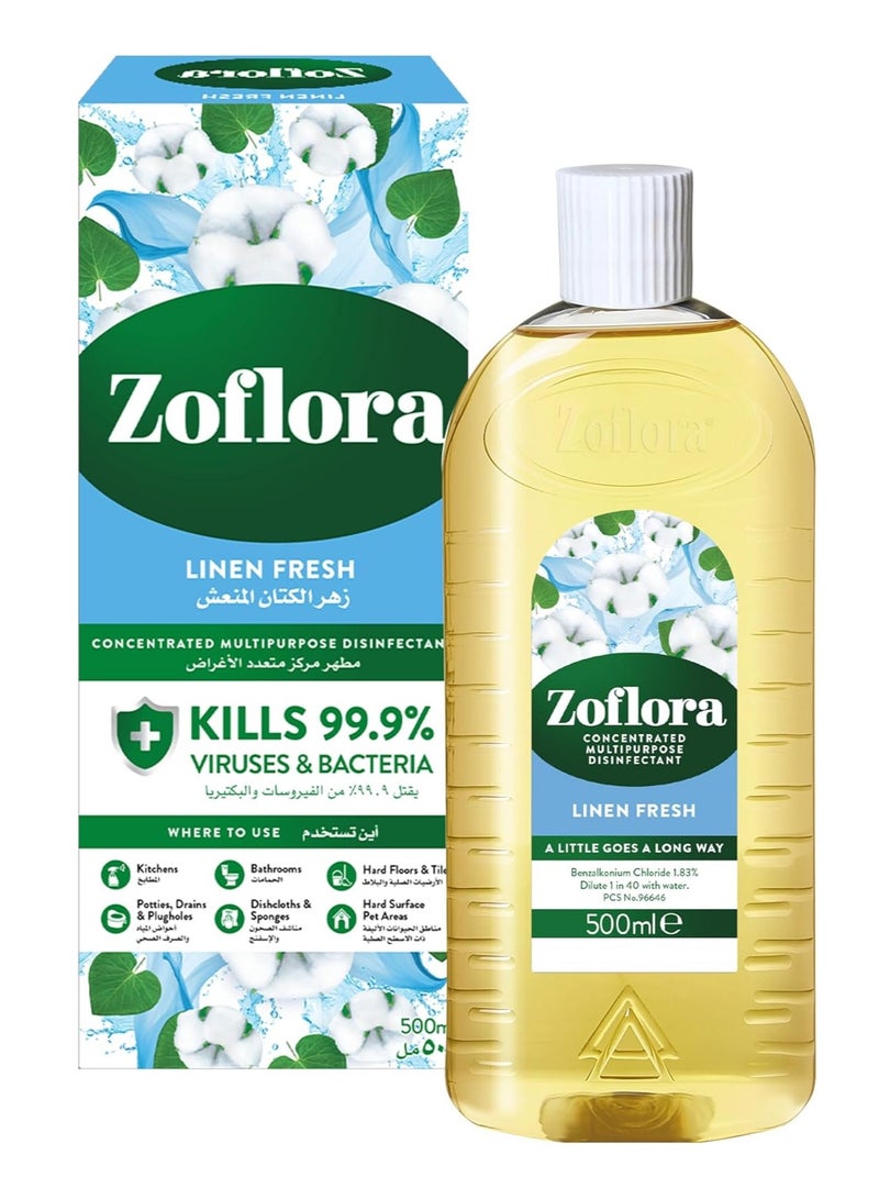 Zoflora-Multi-purpose Concentrated Disinfectant All Surface Cleaner-Floor Cleaner-Effective against bacteria & Viruses-Long Lasting Linen Fresh Fragrance-Eliminates Odour-All Day Fresh-500ml - Image 1