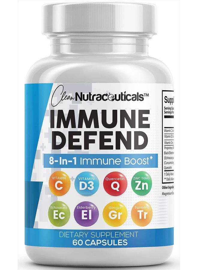 Clean Nutraceuticals Immune Defense Support Supplement 8 in 1 w/Zinc 50mg Quercetin, VIT C 1000mg, Vitamin D3 5000 IU, Elderberry, Turmeric Curcumin, Ginger, Echinacea - Immunity System Booster Adults Vegan - 60Ct (USA) - Image 1