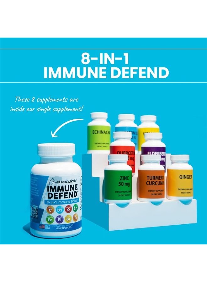 Clean Nutraceuticals Immune Defense Support Supplement 8 in 1 w/Zinc 50mg Quercetin, VIT C 1000mg, Vitamin D3 5000 IU, Elderberry, Turmeric Curcumin, Ginger, Echinacea - Immunity System Booster Adults Vegan - 60Ct (USA) - Image 2
