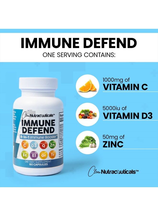Clean Nutraceuticals Immune Defense Support Supplement 8 in 1 w/Zinc 50mg Quercetin, VIT C 1000mg, Vitamin D3 5000 IU, Elderberry, Turmeric Curcumin, Ginger, Echinacea - Immunity System Booster Adults Vegan - 60Ct (USA) - Image 4