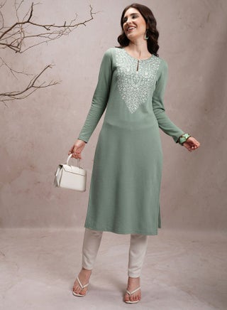 Ribbed Embroidered Straight Fit Kurta by Styli
