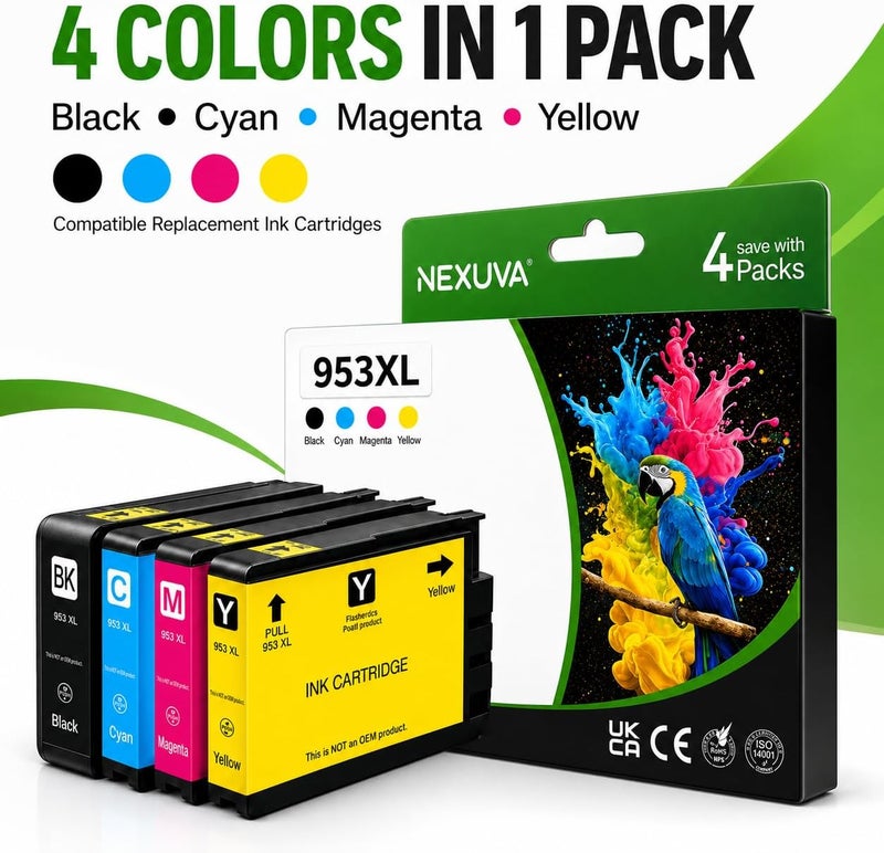 نيكسوفا مجموعة خراطيش الحبر 953XL متعددة، متوافقة مع HP Officejet Pro 7740 8710 8720 8730 8740، أسود، سماوي، أرجواني، أصفر، 4 عبوات - Image 2