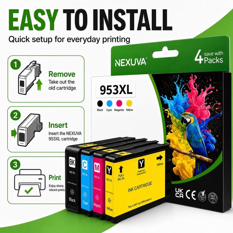 نيكسوفا مجموعة خراطيش الحبر 953XL متعددة، متوافقة مع HP Officejet Pro 7740 8710 8720 8730 8740، أسود، سماوي، أرجواني، أصفر، 4 عبوات - Image 4