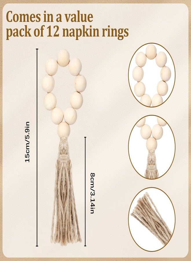 SXoonKing Napkin Rings Set of 12, Wooden Napkin Rings Bulk, Boho Rustic Wood Beaded Napkin Ring with Jute Rope Tassels for Christmas Farmhouse Wedding Graduation Thanksgiving Home Dining Table Party Decoration - Image 2