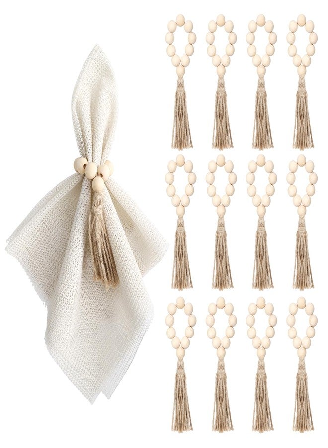 SXoonKing Napkin Rings Set of 12, Wooden Napkin Rings Bulk, Boho Rustic Wood Beaded Napkin Ring with Jute Rope Tassels for Christmas Farmhouse Wedding Graduation Thanksgiving Home Dining Table Party Decoration - Image 1