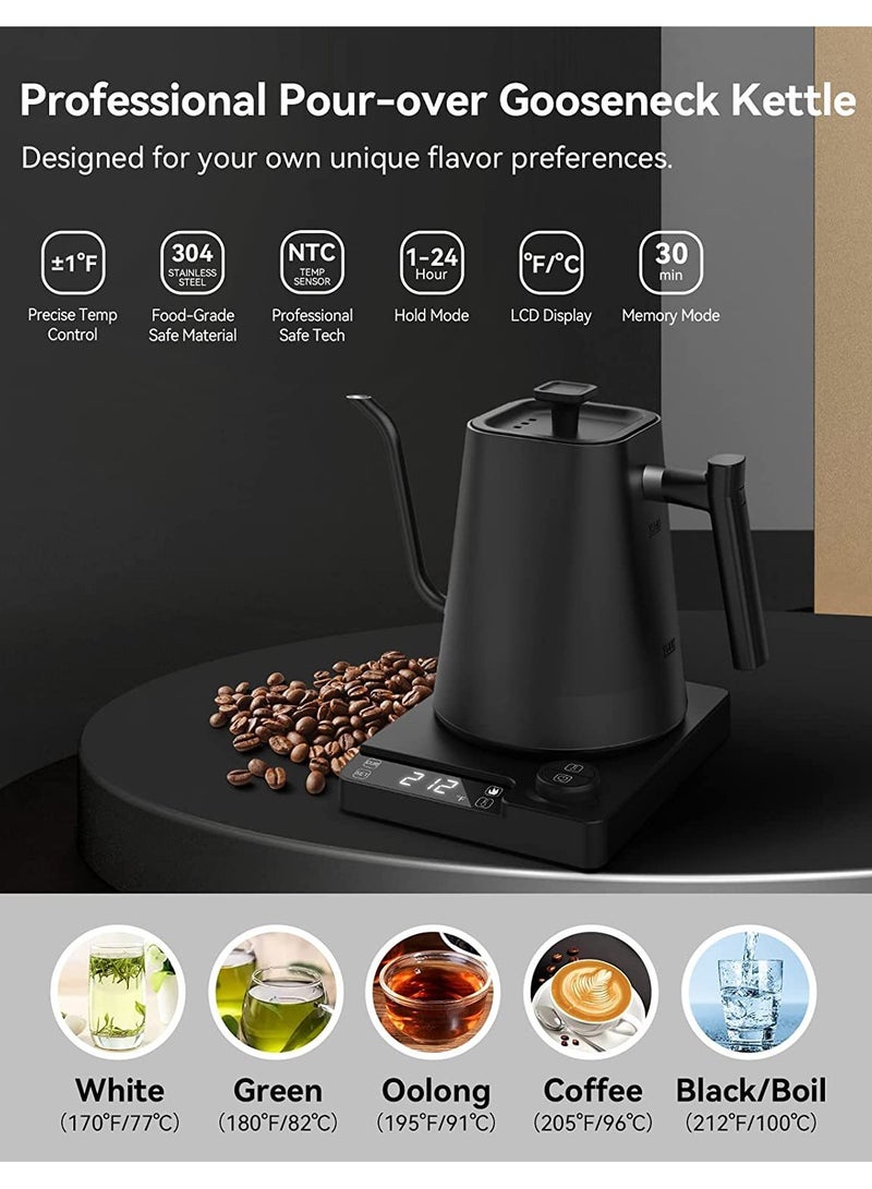 TDAO 1000ML 1200W Electric Gooseneck Kettle, V60 Coffee Kettle, Tea Kettle, Power Knob Temperature Adjustment with Digital Display Temperature, Automatic Insulation, Stainless Steel Material Suitable for Home and Office Black - Image 2