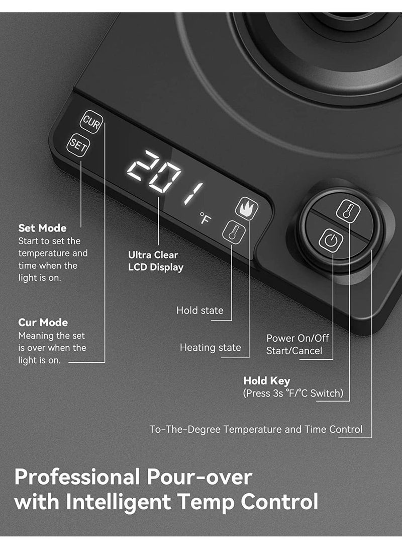 TDAO 1000ML 1200W Electric Gooseneck Kettle, V60 Coffee Kettle, Tea Kettle, Power Knob Temperature Adjustment with Digital Display Temperature, Automatic Insulation, Stainless Steel Material Suitable for Home and Office Black - Image 3