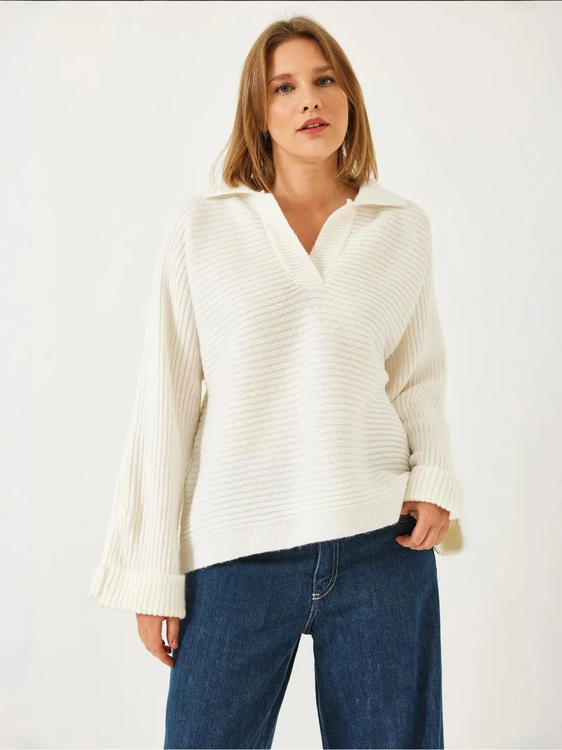 Bianco Lucci LUCCI Ribbed Polo Collar Cropped Sweater
