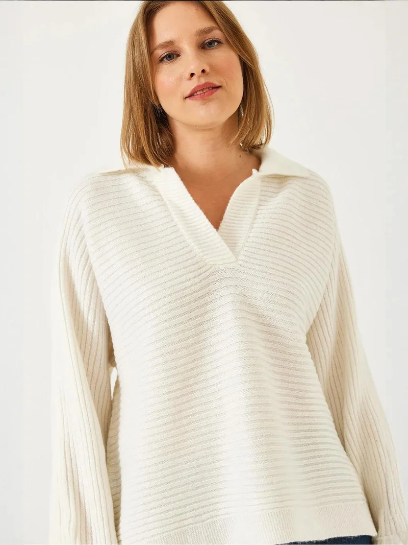 Bianco Lucci LUCCI Ribbed Polo Collar Cropped Sweater