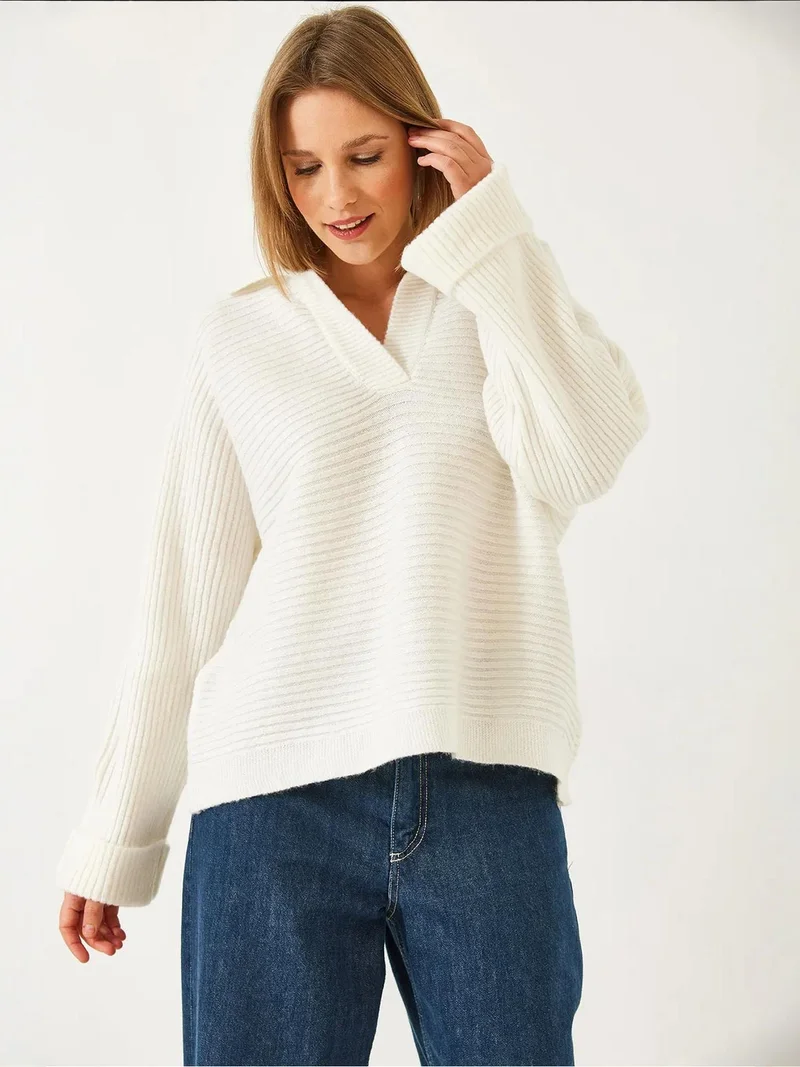 Bianco Lucci LUCCI Ribbed Polo Collar Cropped Sweater