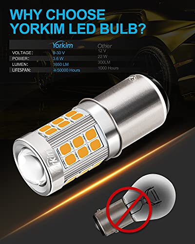 Yorkim لمبة يوركيم 1157 LED أمبر، لمبة إشارة انعطاف LED 1157، لمبة LED 2357 2057 7528 BAY15D بديل لإضاءة إشارة الانعطاف، إضاءة جانبية، أمبر أصفر، عبوة من 2 - Image 4