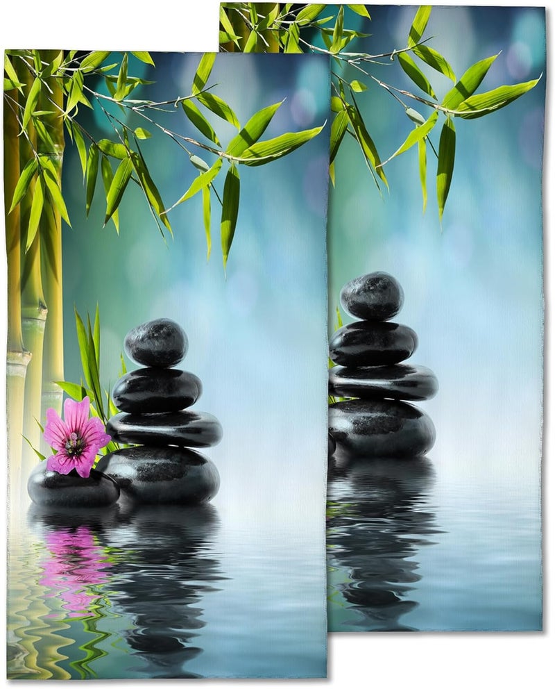 CXULIN Zen Spa Hand Towels Set of 2,Green Bamboo Flower Soft Fingertip Bath Towel Small Face Washcloths Decor Kitchen Towel for Hotel Spa Gym Sport 28x14in - Image 1