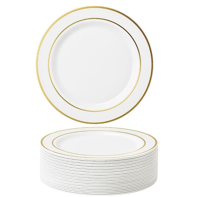 25 PREMIUM WHITE PLASTIC DINNER PLATES WITH GOLD RIM 26CM 10 INCH ELEGANT REUSABLE PARTY PLATES FOR WEDDINGS BIRTHDAYS PICNIC BBQ PARTIES