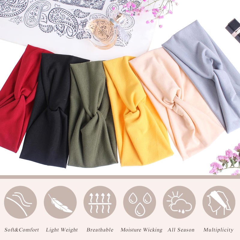 XTREND 6 Pcs Women's Headbands Twisted Cross Elastic Head Band Yoga Workout Head Non-Slip Sweat Soft Headbands Solid Color Simple Versatile Hair Accessory Hairbands - Image 2