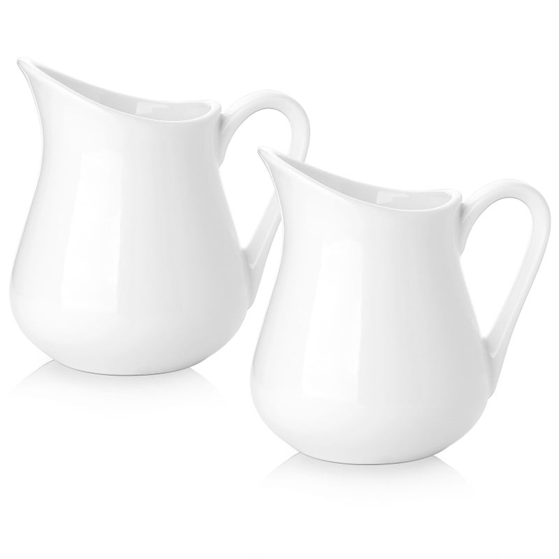Nucookery Nucookery 2 Pack 8 Oz White Creamer with Handle Ceramic Small Creamer Pitcher Set of 2 Porcelain Small Milk Pitcher For Coffee Sauces Salad Milk Microwave  Freezer Safe 8Ounce Set2 