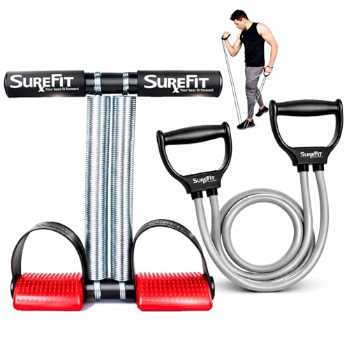 SUREFIT Double Spring Tummy Trimmer for Men & Women – Ab Exerciser with Foam Handle & Resistance Band – Full Body Fitness Combo Tool Kit for Abs, Legs, Arms, Chest & Home Gym Workout (Red) - Image 1