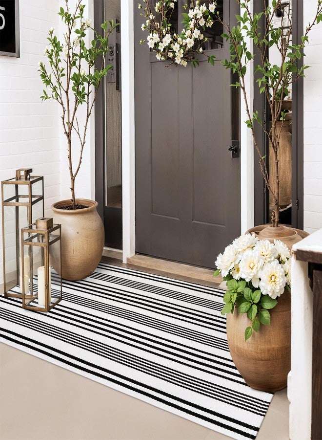 Sungea Outdoor Rug Front Door Mat 2'x4.3', Cotton Indoor Doormat Washable Black and White Striped Rug, Foldable Reversible Layered Fall Door Mats for Entryway/Farmhouse/Home Entrance - Image 1