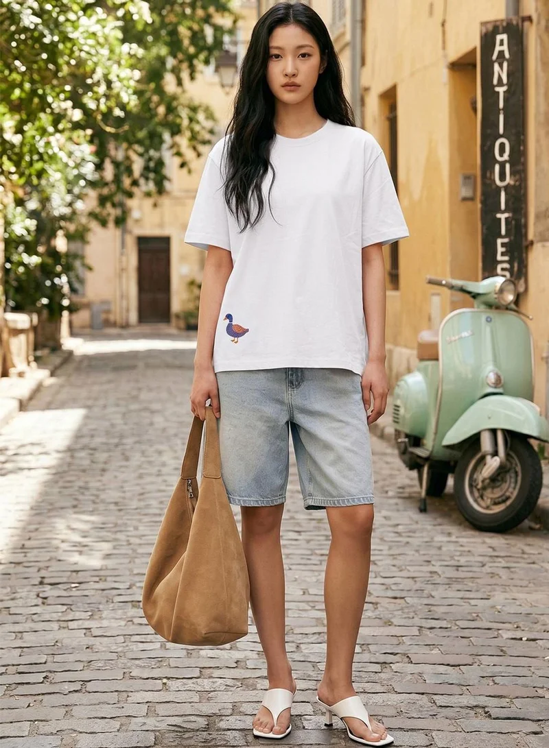 دينيس لينغو Women White 100% Cotton Printed Regular Fit T-Shirt