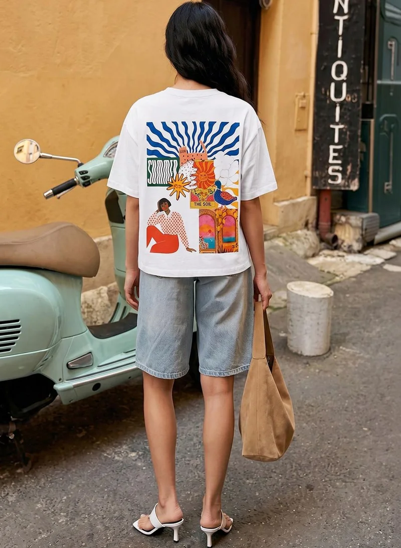دينيس لينغو Women White 100% Cotton Printed Regular Fit T-Shirt