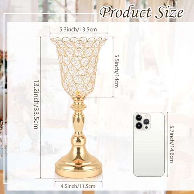 kehail 2pcs Elegant Crystal Trumpet Metal Centerpiece Vases, Wedding Table Decoration Flower Stand Tulip Shape Decor Artificial Flower Arrangement Vase for Wedding Restaurant Vase Home Decor (Gold) - Image 3