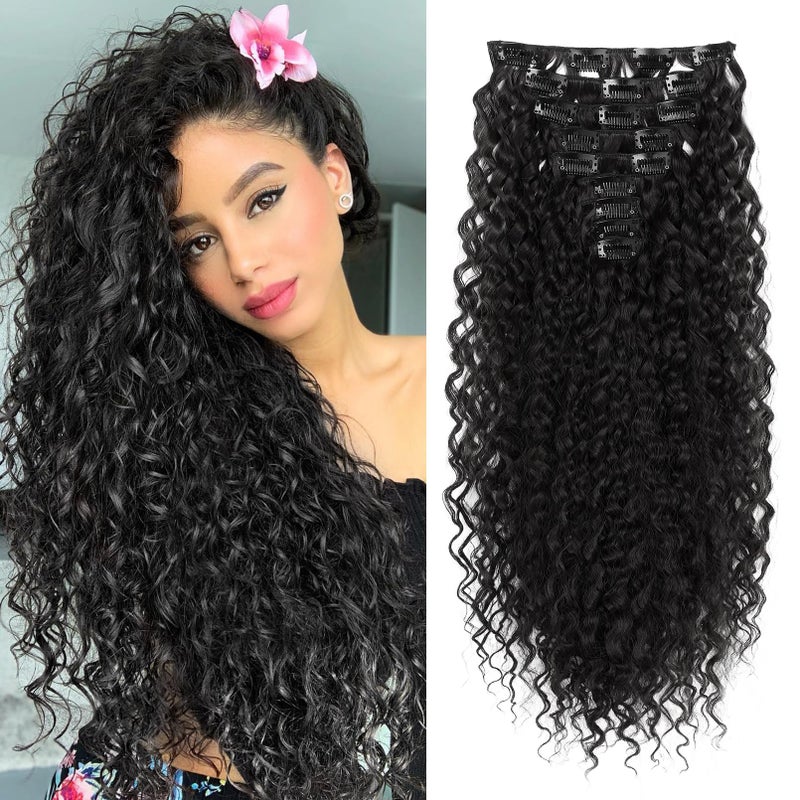 FLUFYMOOZ 9PCS Clip in Hair Extensions 22 Inch Curly Hair Extension Long Soft Synthetic Hairpieces for Women Black