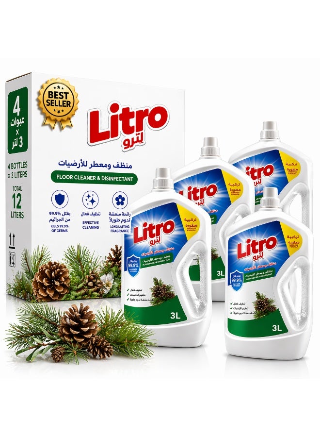 Litro Floor Cleaner Liquid & Disinfectant 4×3L – Natural Pine Fragrance – Bulk Floor Cleaning Liquid, Powerful Floor Disinfectant for Deep Cleaning, Home & Commercial Use - Image 1