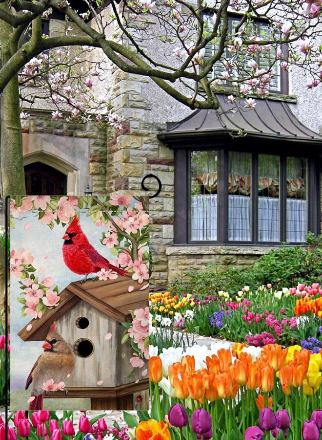 BLKWHT Spring Cardinal Bird Garden Flag 12x18 Vertical Double Sided Pink Flowers Tree Summer Farmhouse Holiday Outside Decorations Burlap Yard Flag BW792 - Image 4
