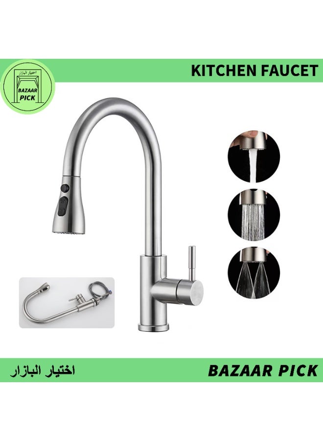 خلاط مجلى مطبخ ستانلس ستيل فضي - صنبور مرتفع بـ 3 وضعيات تدفق، فوهة دوارة وموفرة للمياه، للمياه الحارة والباردة - Image 1