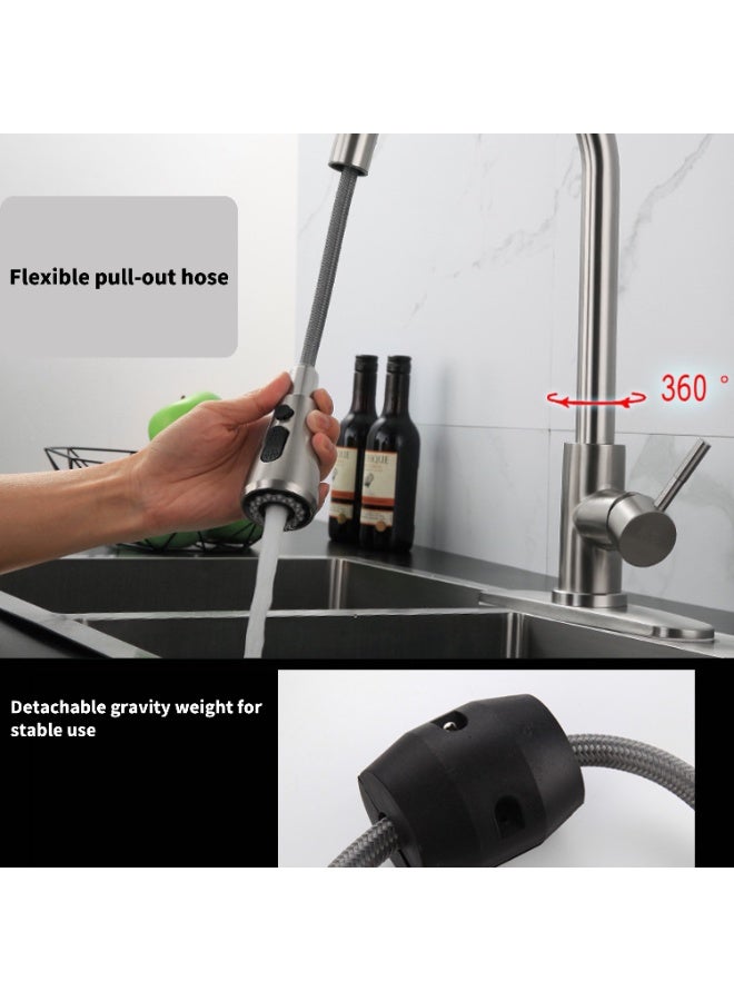 خلاط مجلى مطبخ ستانلس ستيل فضي - صنبور مرتفع بـ 3 وضعيات تدفق، فوهة دوارة وموفرة للمياه، للمياه الحارة والباردة - Image 2