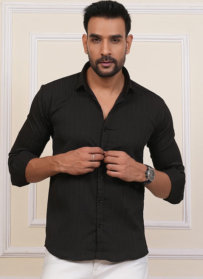 BADLAND Classic Fit Vertical Striped Textured Casual Shirt - Image 1