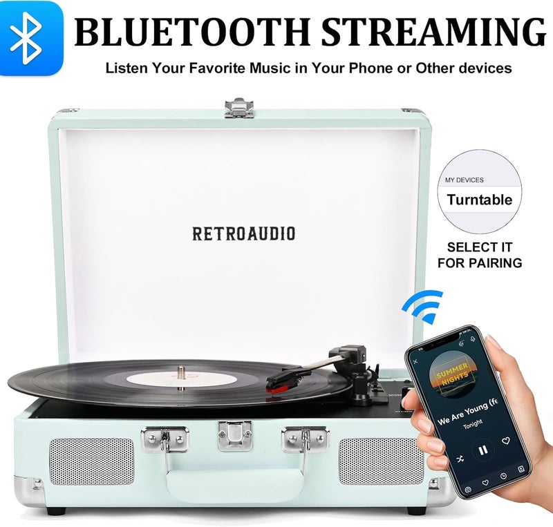 RetroAudio Vinyl Record Player Bluetooth Vintage Portable Suitcase Turntable with Built-in Speakers LP Player Support RCA Output and Headphone Output Light Cyan - Image 2