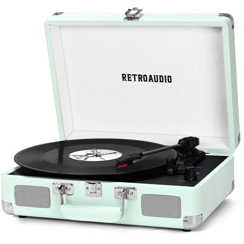RetroAudio Vinyl Record Player Bluetooth Vintage Portable Suitcase Turntable with Built-in Speakers LP Player Support RCA Output and Headphone Output Light Cyan - Image 1